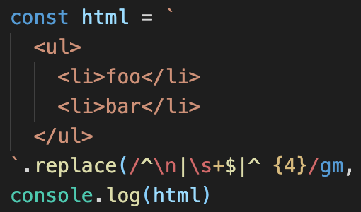 JavaScriptで複数行のテンプレートリテラルは改行と空白を削除すると見やすい