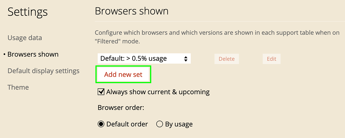 SettingsでBrowsers shownにある「Add new set」を押す