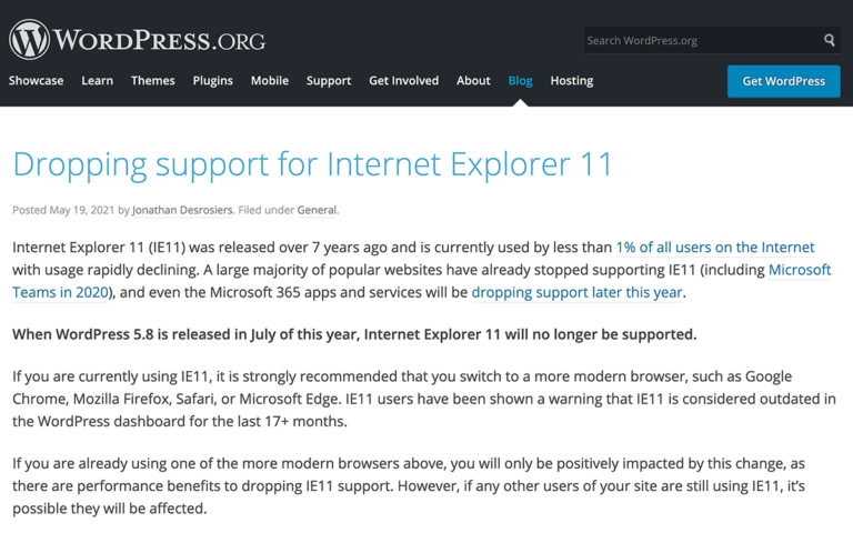 wordpress dropping support internet explorer