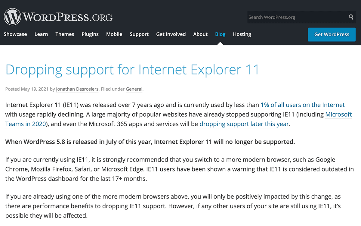 2021年7月リリースのWordPress 5.8からIE11のサポート終了