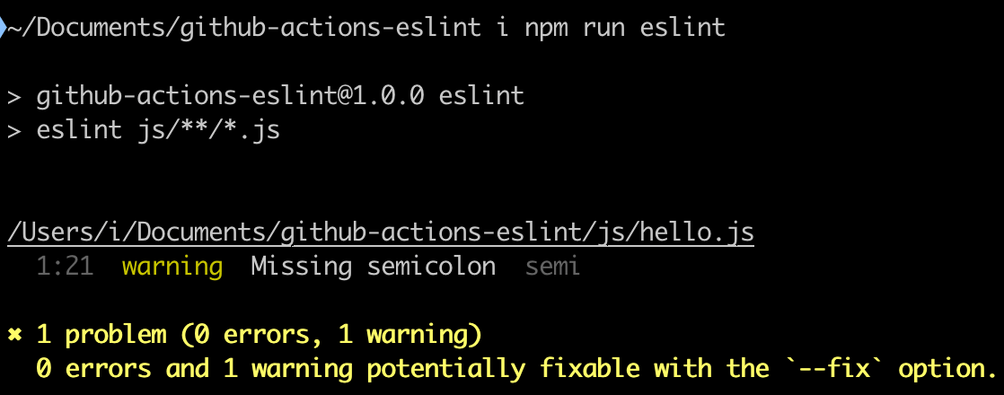 ESLintを実行すると「warning Missing semicolon」とセミコロンがないと警告が表示される