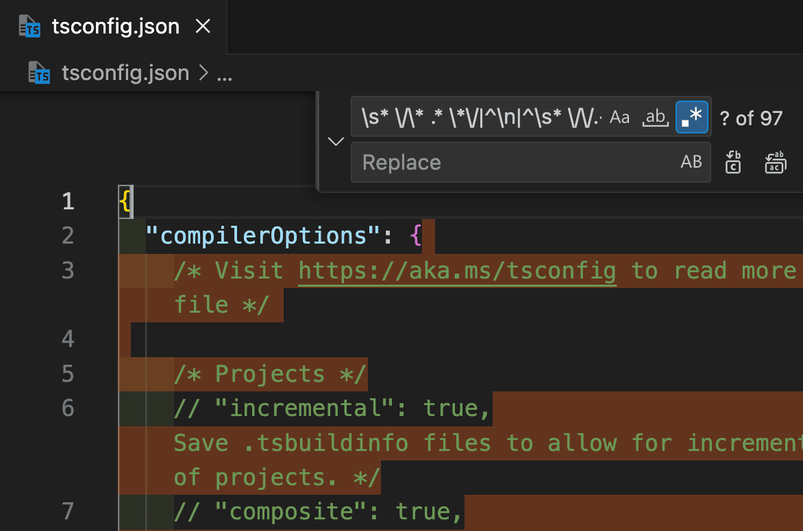 tsconfig.jsonコメントを正規表現で一括削除する方法