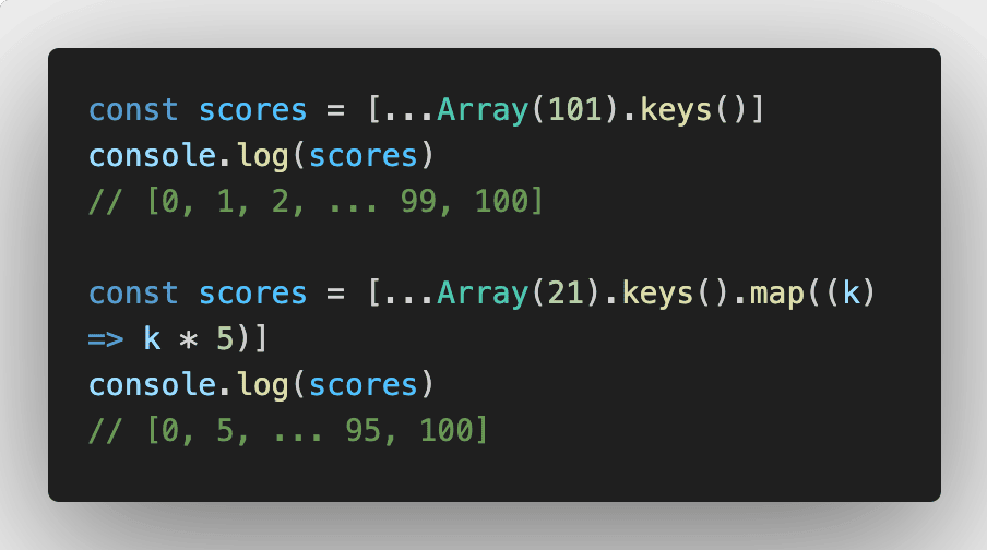 JavaScriptで[0, 1, 2, ... 100]の配列は直接書かずにArrayとkeysを使うべし