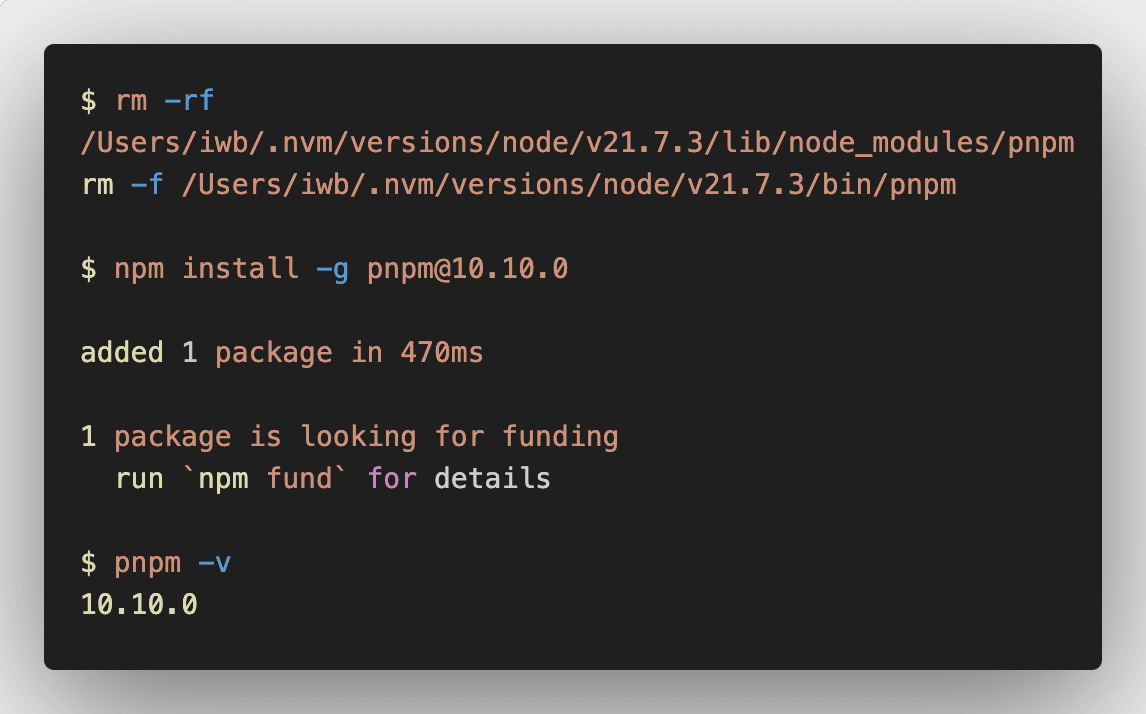 pnpmがnvm管理によりアップデートできないときの対処法