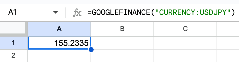 Googleスプレッドシート =GOOGLEFINANCE("CURRENCY:USDJPY")