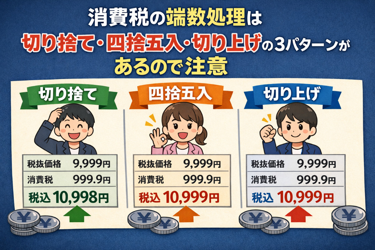 消費税の端数処理は切り捨て、四捨五入、切り上げの3パターンがあるので注意