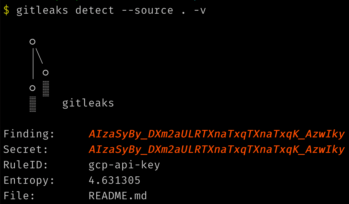 Gitleaks terminal command.