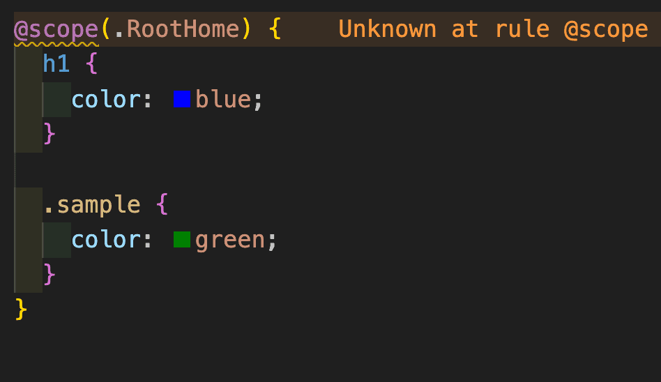 VS CodeのCSSでUnknown at rule @scopeが表示されるときの対処法