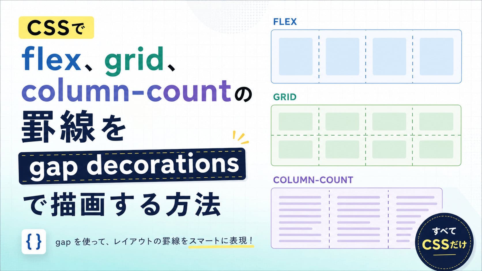 CSSでflex、grid、column-countの罫線をGap Decorationsで描画する方法