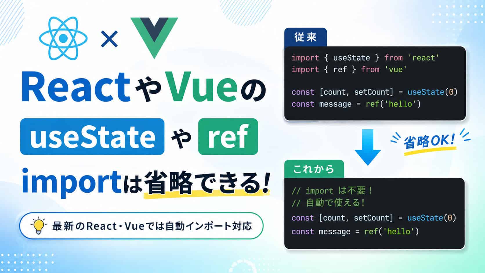 ReactやVueのuseStateやrefのimportは省略できる